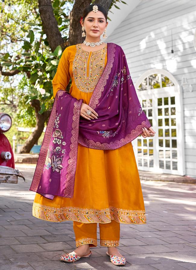 Vichitra Silk Mustard Festival Wear Embroidery Work Readymade Anarkali Suit